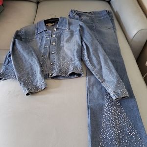 Matching denim jacket and jeans with bling